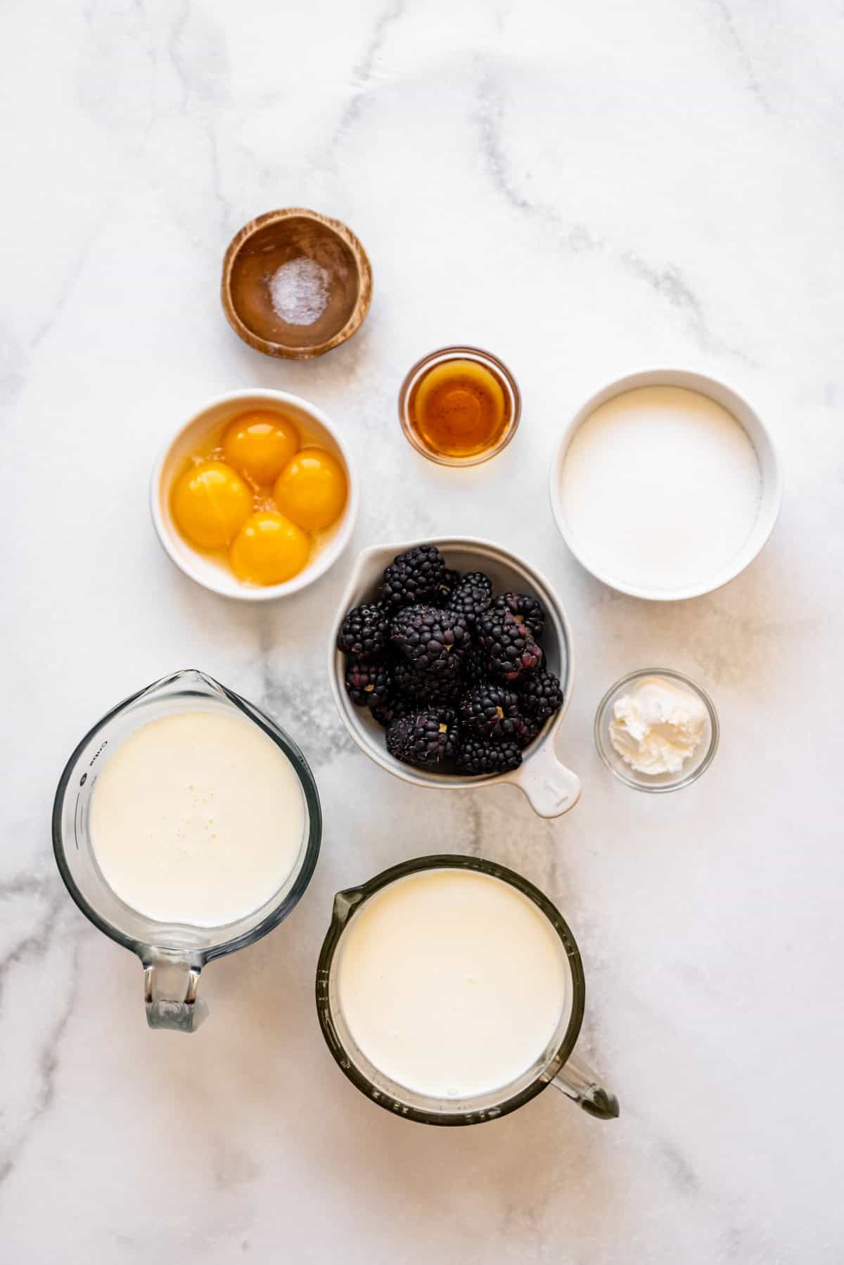 Ingredients in blackberry swirl ice cream.