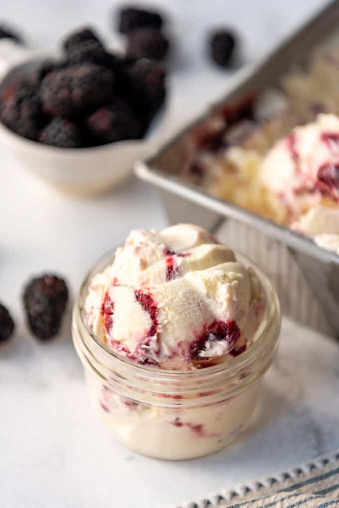 A scoop of blackberry swirl ice cream in a glass cup.