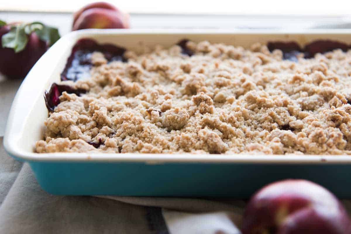 A blackberry nectarine crumble in a baking dish.