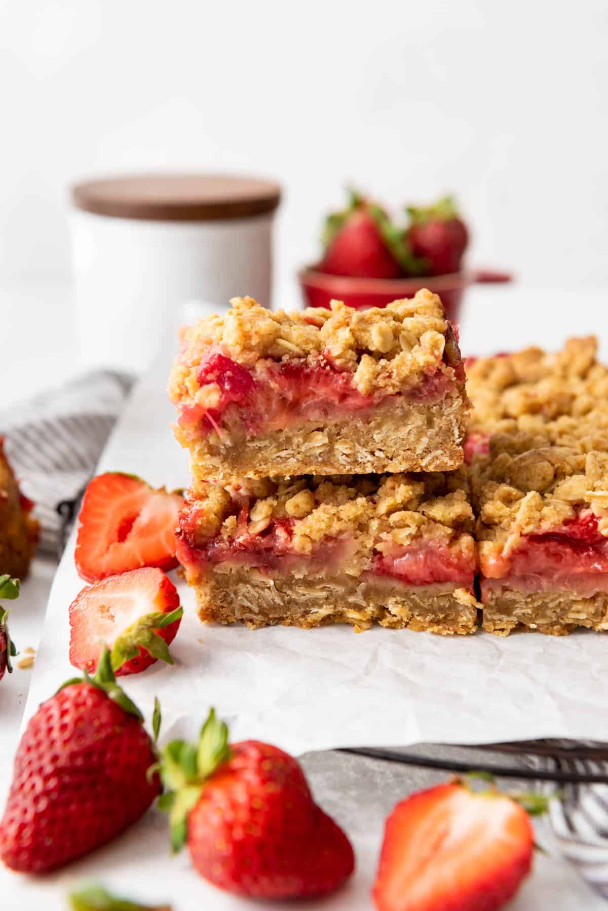 Stacked strawberry rhubarb bars.