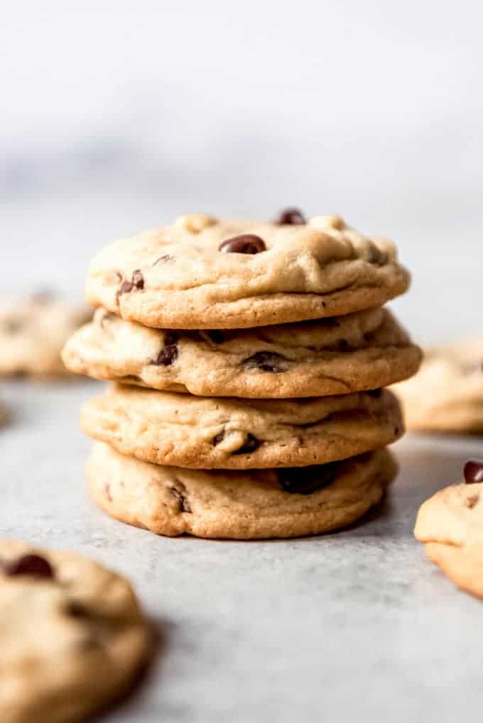 An image of a stack of the best homemade chocolate chip cookies.