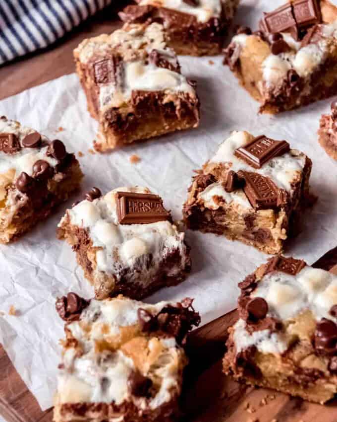 An image of chocolate and marshmallow cookie bars cut into squares.