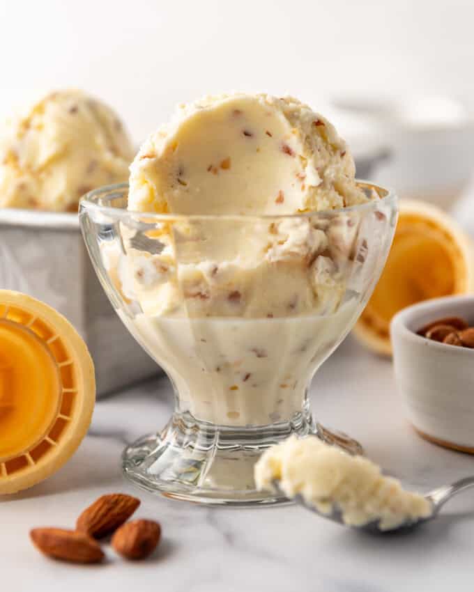 A glass ice cream dish with scoops of toasted almond ice cream.