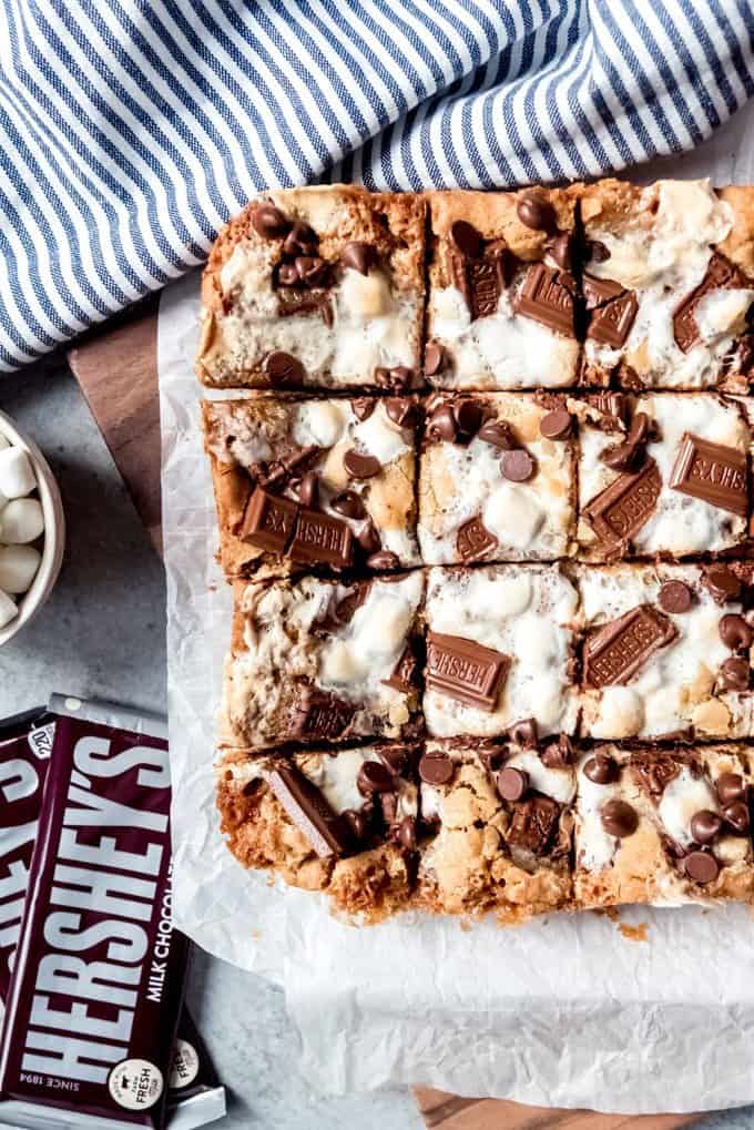 An image of squares of homemade s'mores bars.