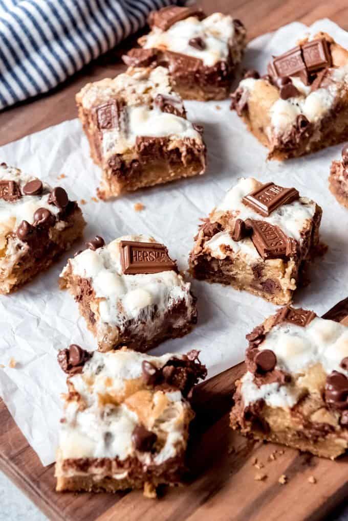 An image of chocolate and marshmallow cookie bars cut into squares.