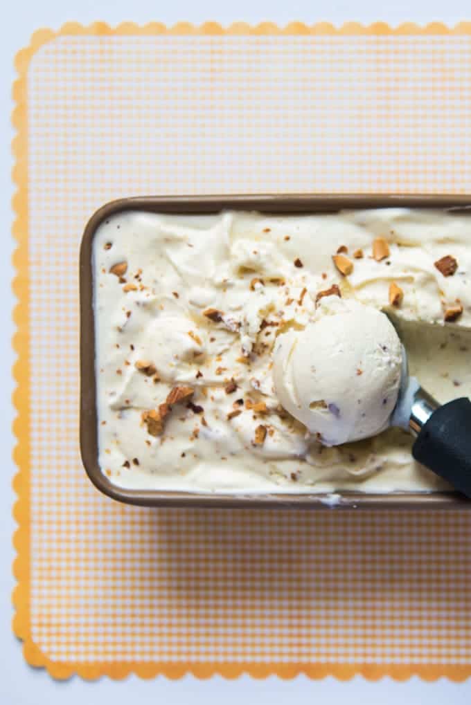 A scoop of toasted almond ice cream.