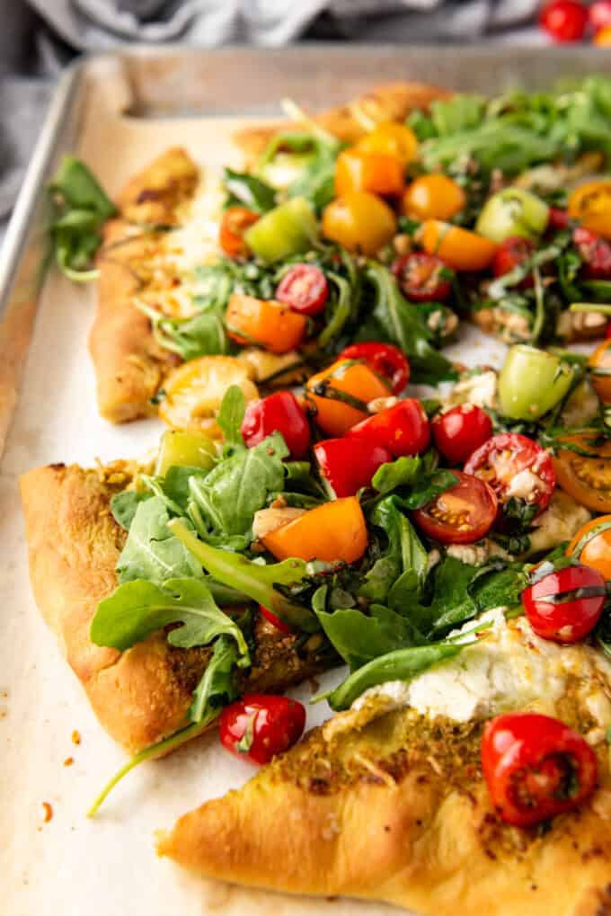 Four Cheese Pizza with Tomato Basil Arugula Salad - House of Nash Eats