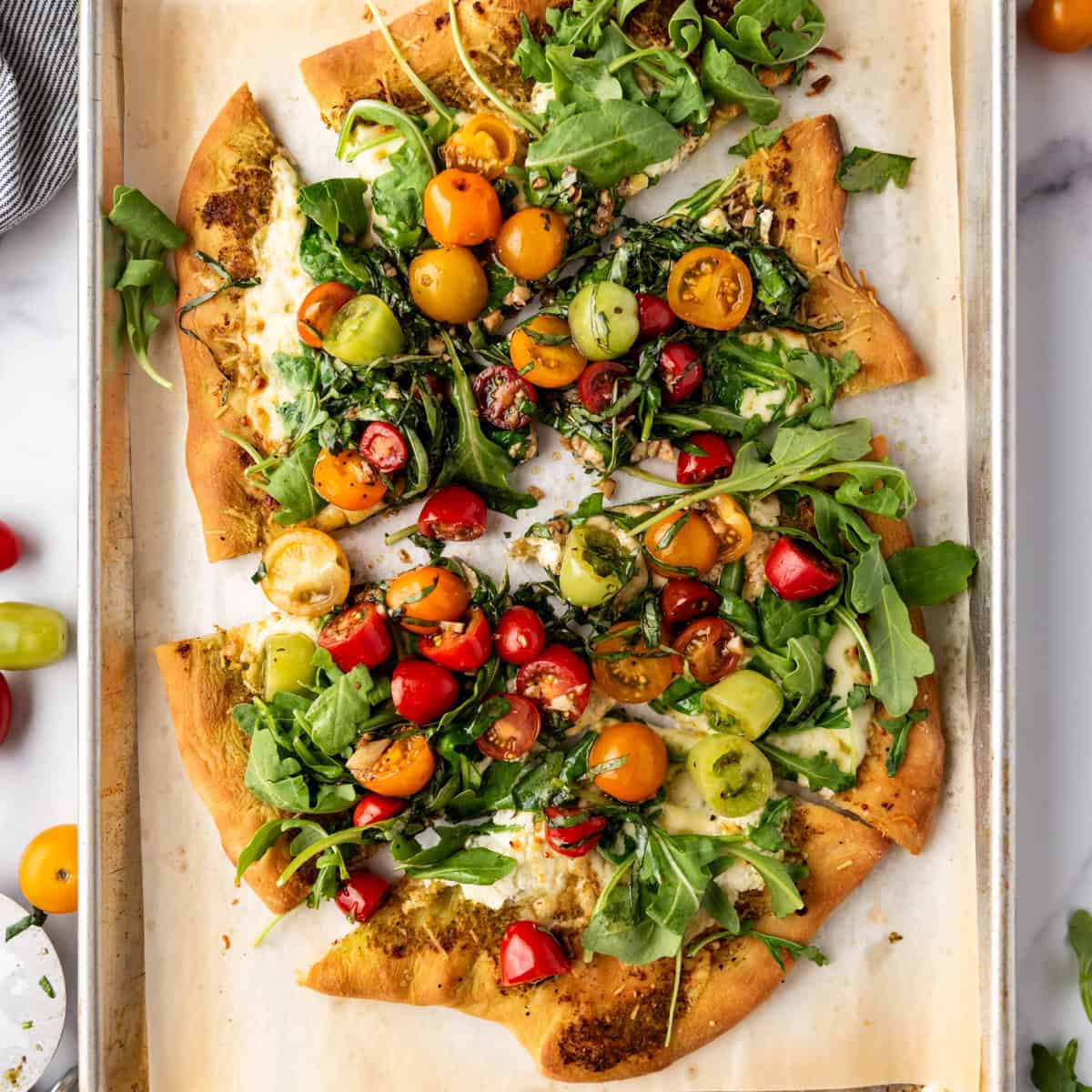 Four Cheese Pizza with Tomato Basil Arugula Salad