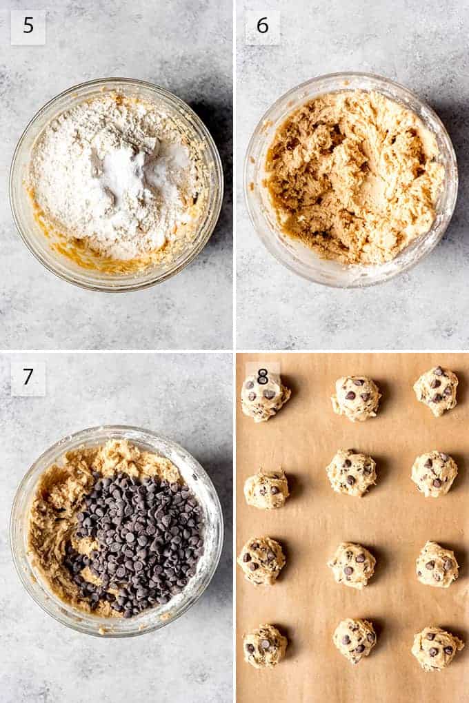 A collage of images showing how to make chewy chocolate chip cookies.