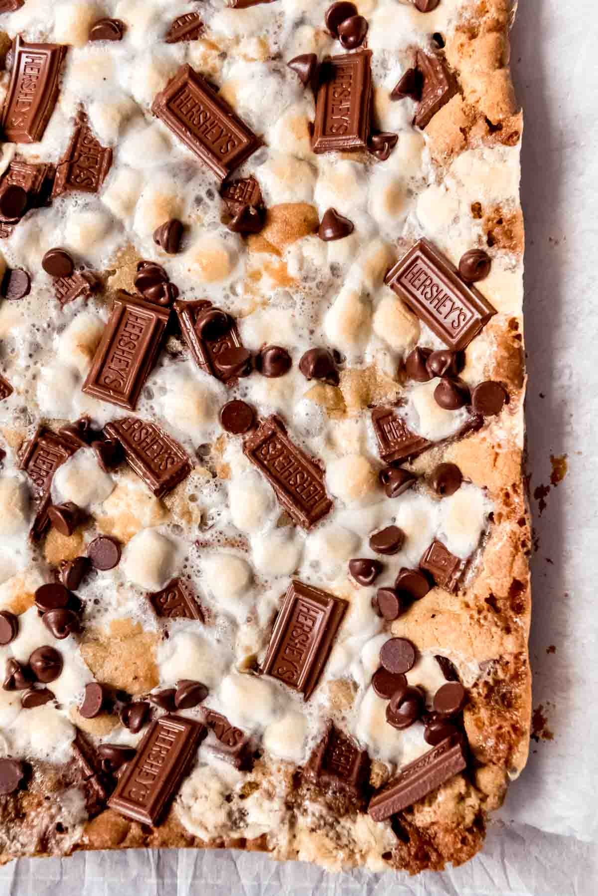 An image of s'mores cookie bars topped with toasted marshmallows and melted Hershey's chocolate.