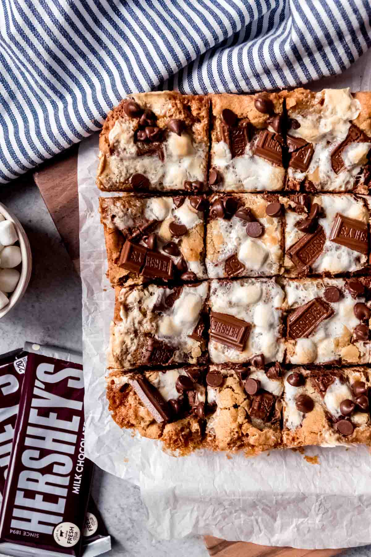 An image of squares of homemade s'mores bars.