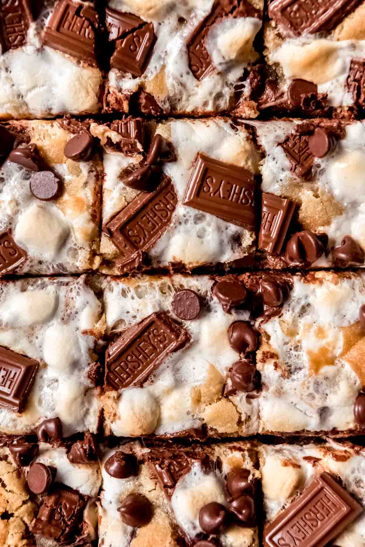 An image of s'mores bars topped with Hershey's chocolate squares and toasted marshmallows.