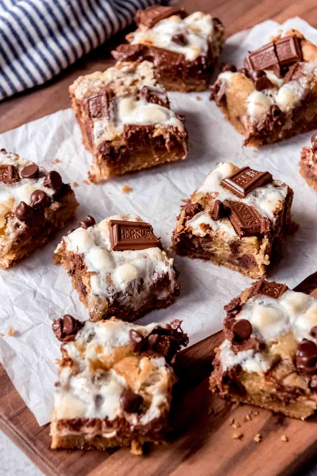 An image of chocolate and marshmallow cookie bars cut into squares.