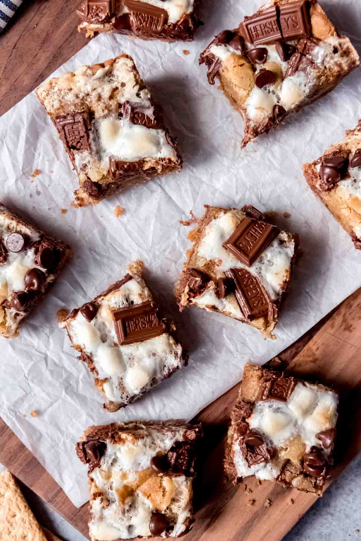 An image of an easy cookie dessert bars made with a graham cracker crust, marshmallows, and Hershey's chocolate.