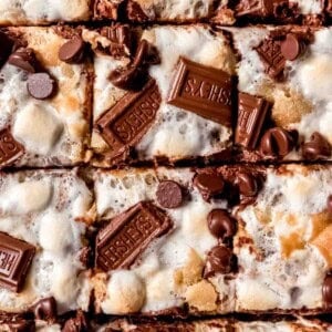 An image of s'mores bars topped with Hershey's chocolate squares and toasted marshmallows.