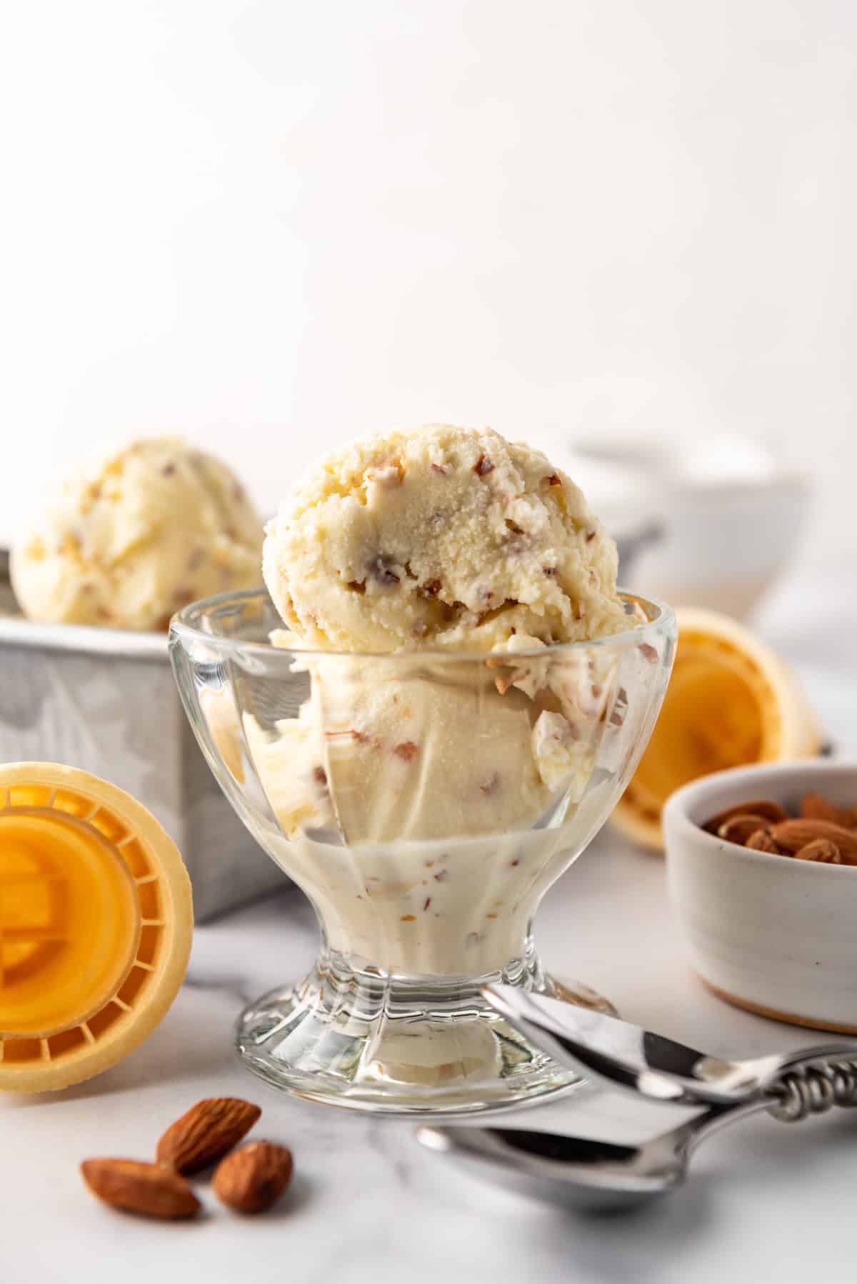 An ice cream sundae bowl filled with toasted almond ice cream.