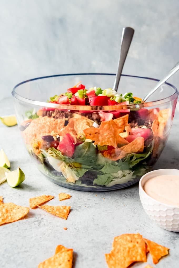 An image of a bowl of ingredients to make Doritos taco salad.