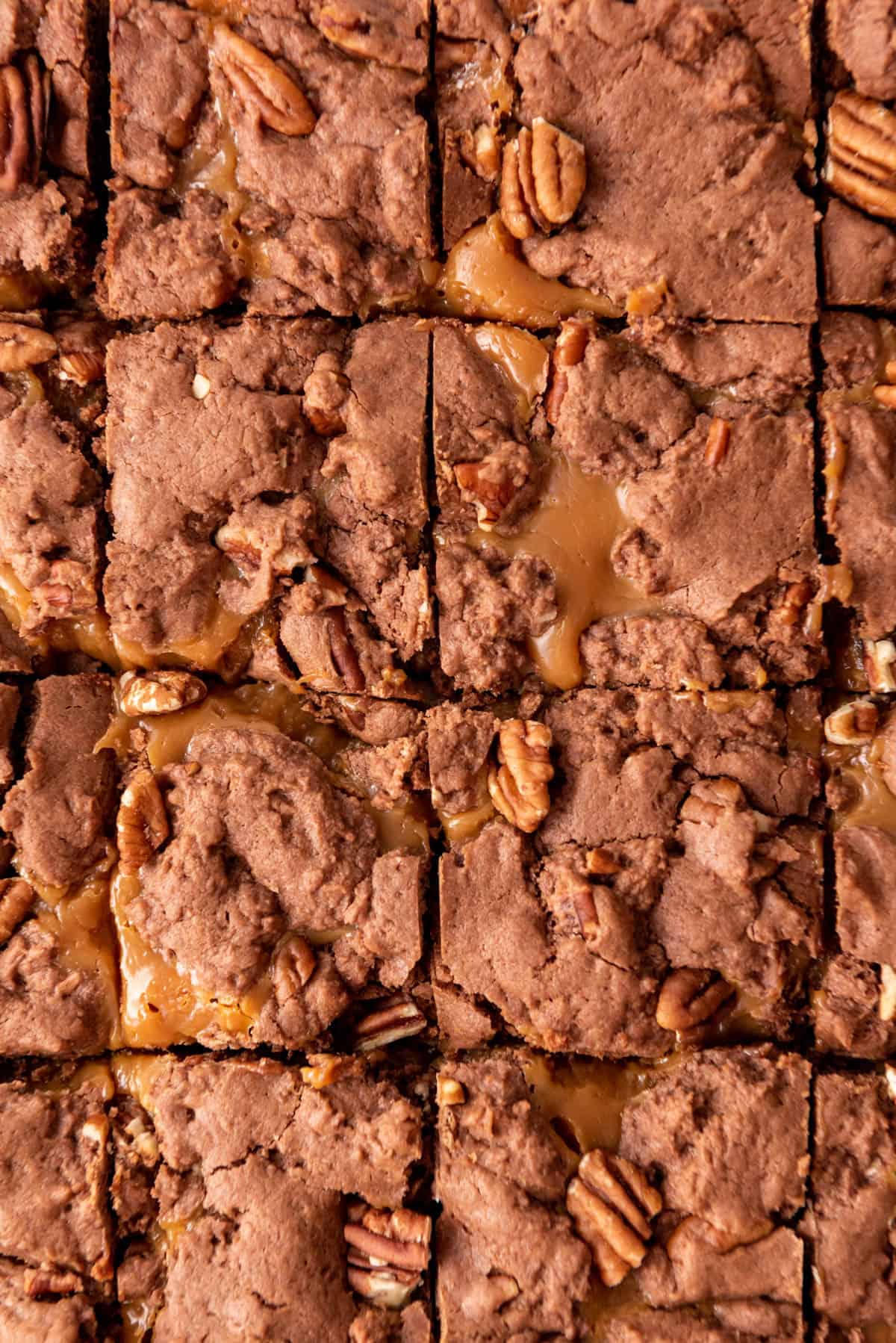 A close image of the tops of caramel pecan turtle brownies.