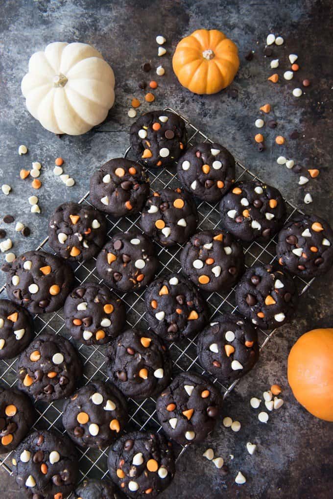 several rows of dark chocolate halloween chip cookies on a cooling rack with scattered chips and pumpkins around it