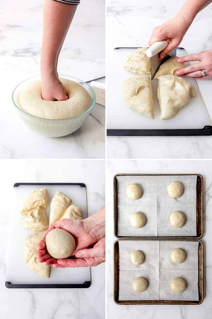 An image showing how to punch down and shape homemade hamburger buns.