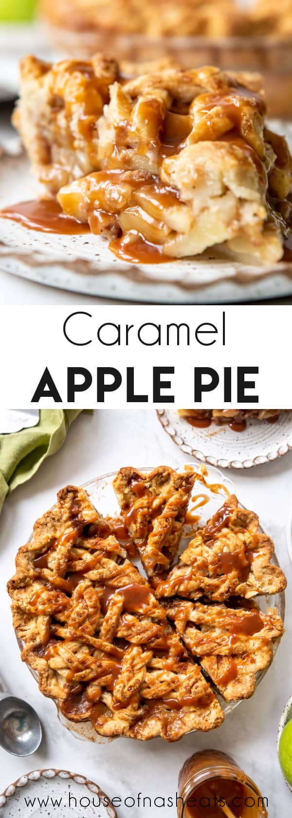 A collage of caramel apple pie images with text overlay.