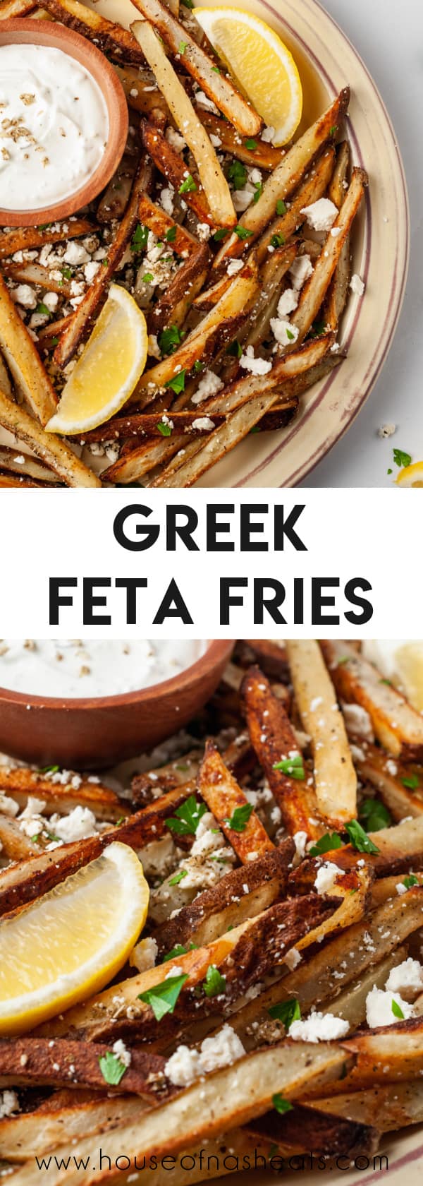 A collage of images of Greek fries with text overlay.