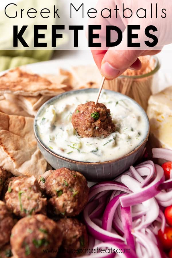 Dipping a Greek meatball into tzatziki sauce with text overlay.