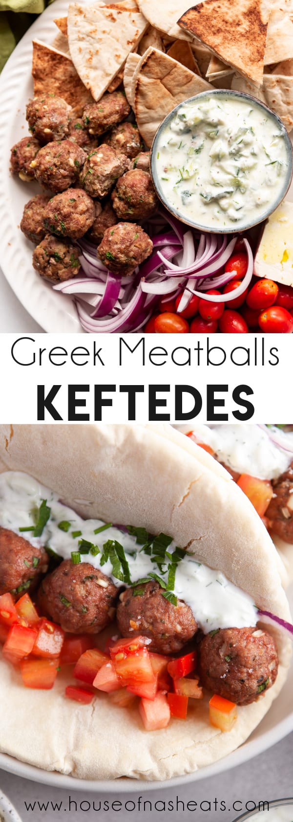 A collage of images of Greek meatballs with text overlay.