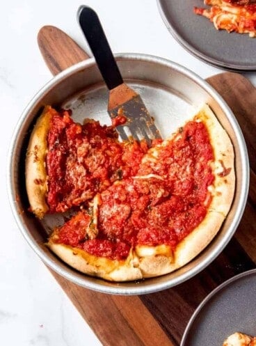 An image of a Chicago deep dish pizza in a 9-inch pan.