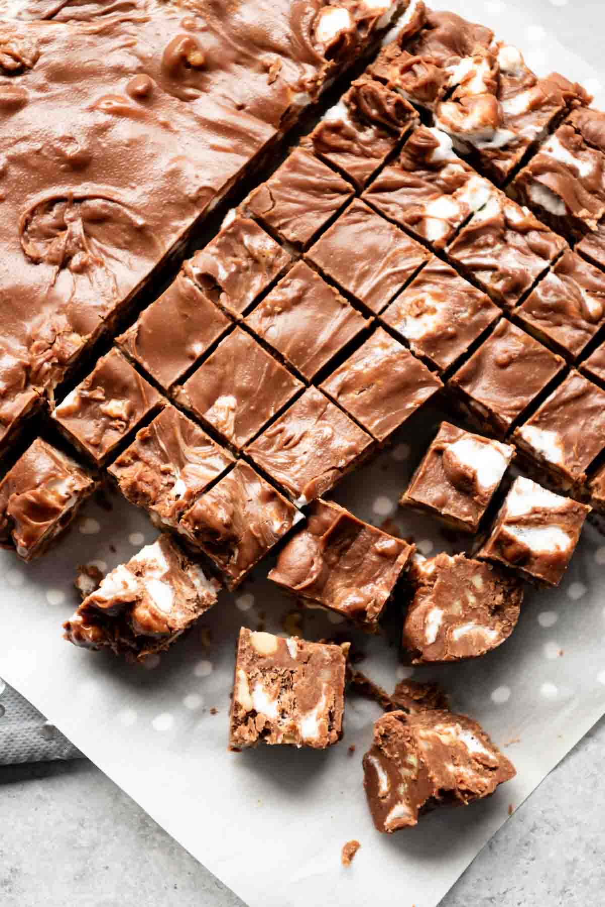 Rocky road fudge chopped into small squares on parchment paper.