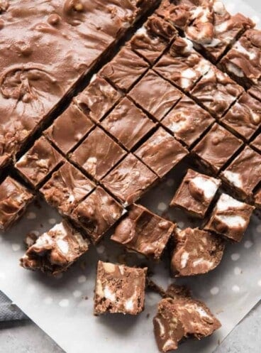 rocky road fudge chopped into small squares on parchment paper