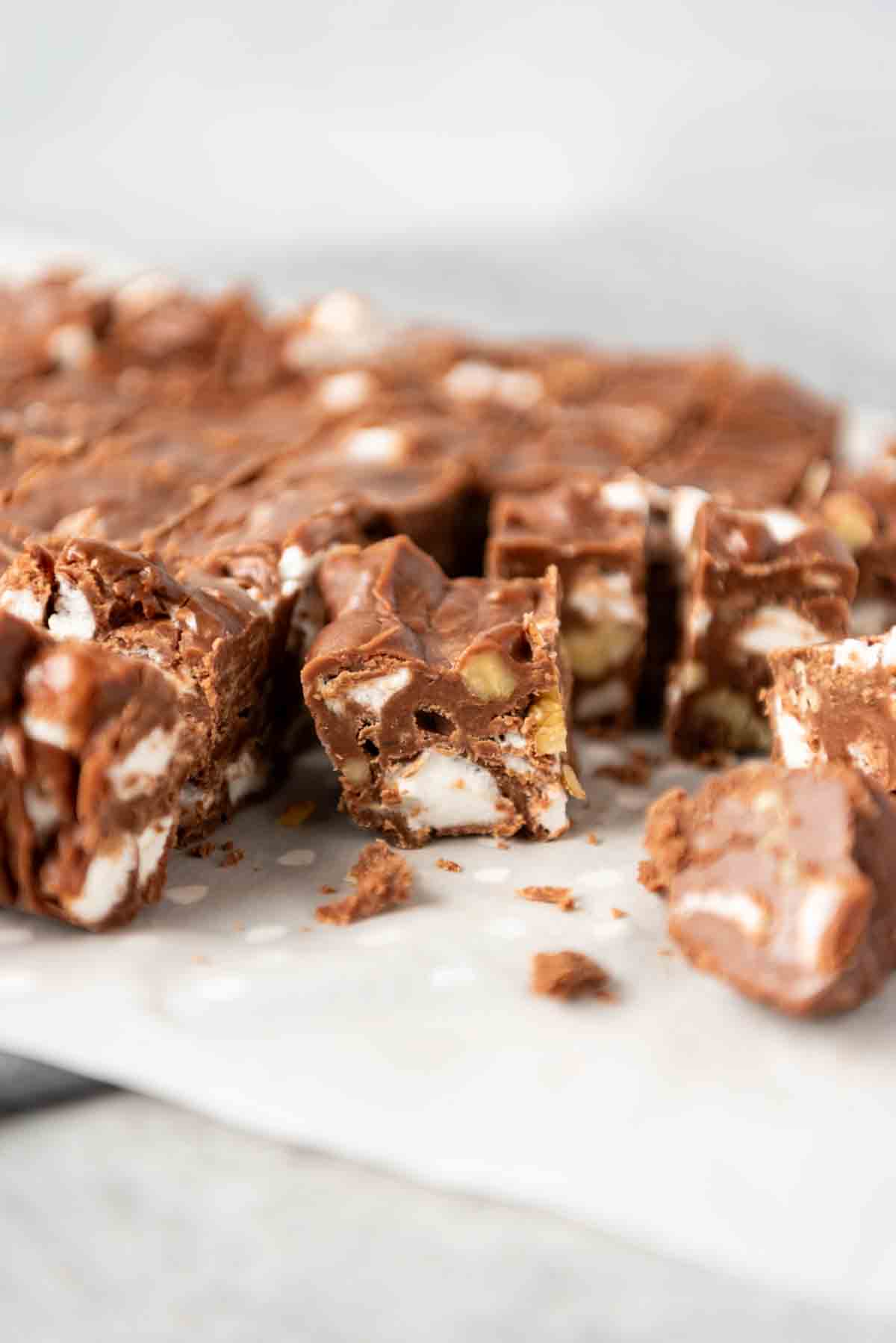 Loaded with marshmallows and chopped walnuts, this chocolaty, easy homemade Rocky Road Fudge takes less than 10 minutes and always gets rave reviews! 