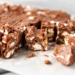 Small squares of rocky road fudge.