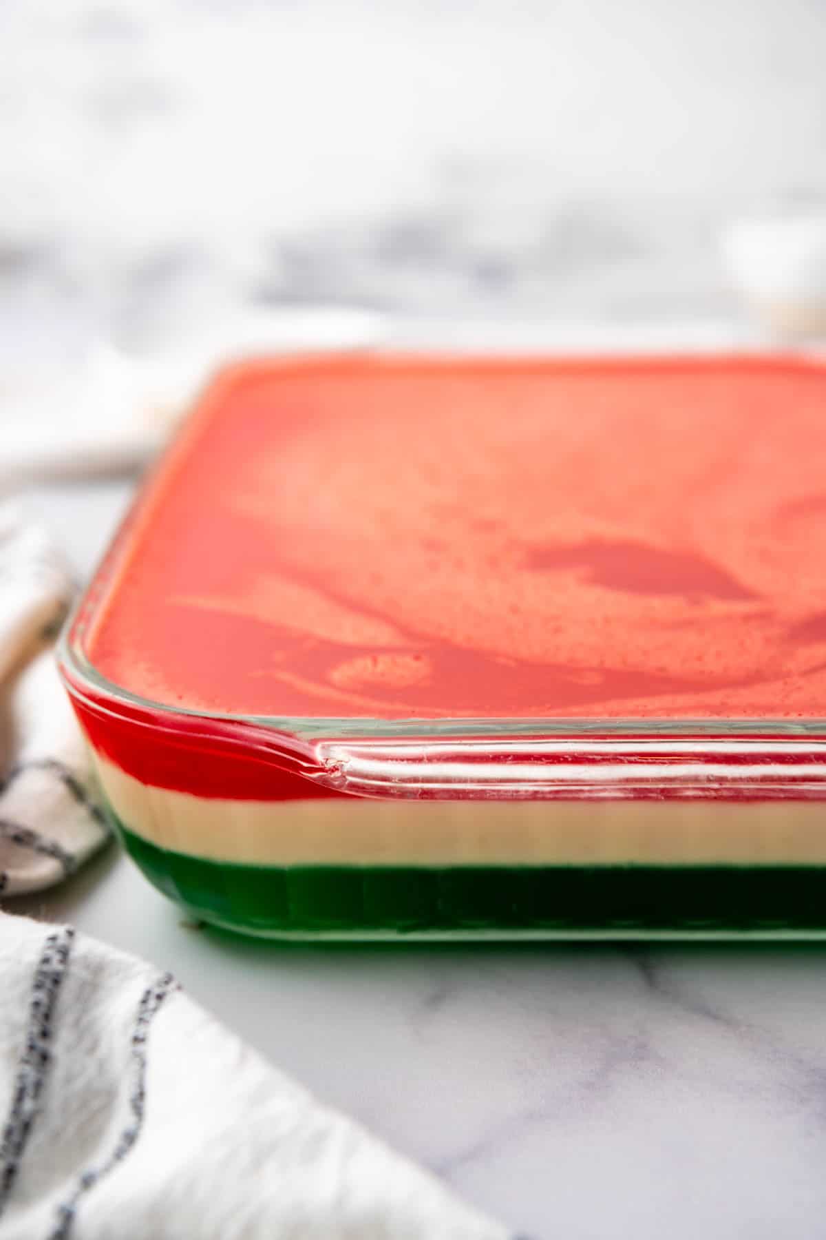 A side angle view of a finished Christmas Jell-O. - 8