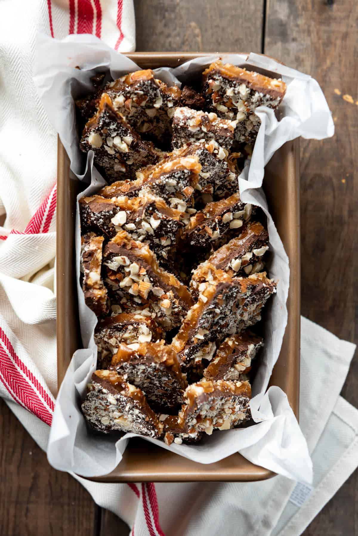 An image of a pan full of the best english toffee recipe in the world, coated in chocolate and toasted almonds.