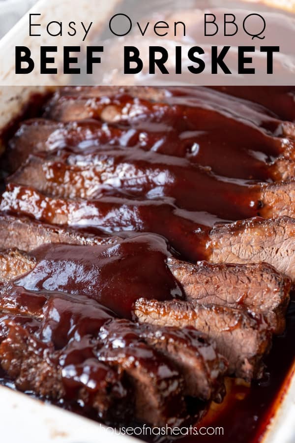 Sliced beef brisket with bbq sauce on top and text overlay.