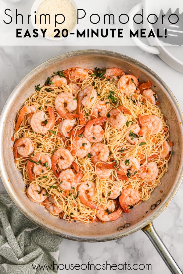 A large skillet filled with shrimp pomodoro with text overlay