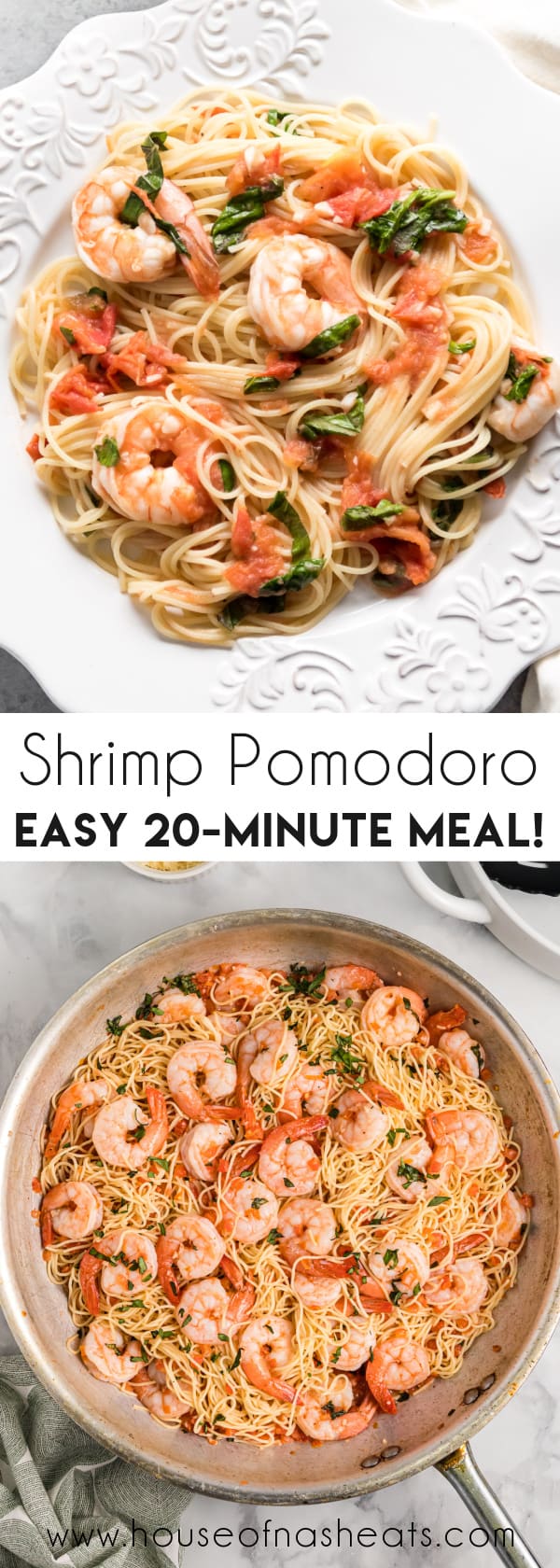 A collage of images of shrimp pomodoro with text overlay.