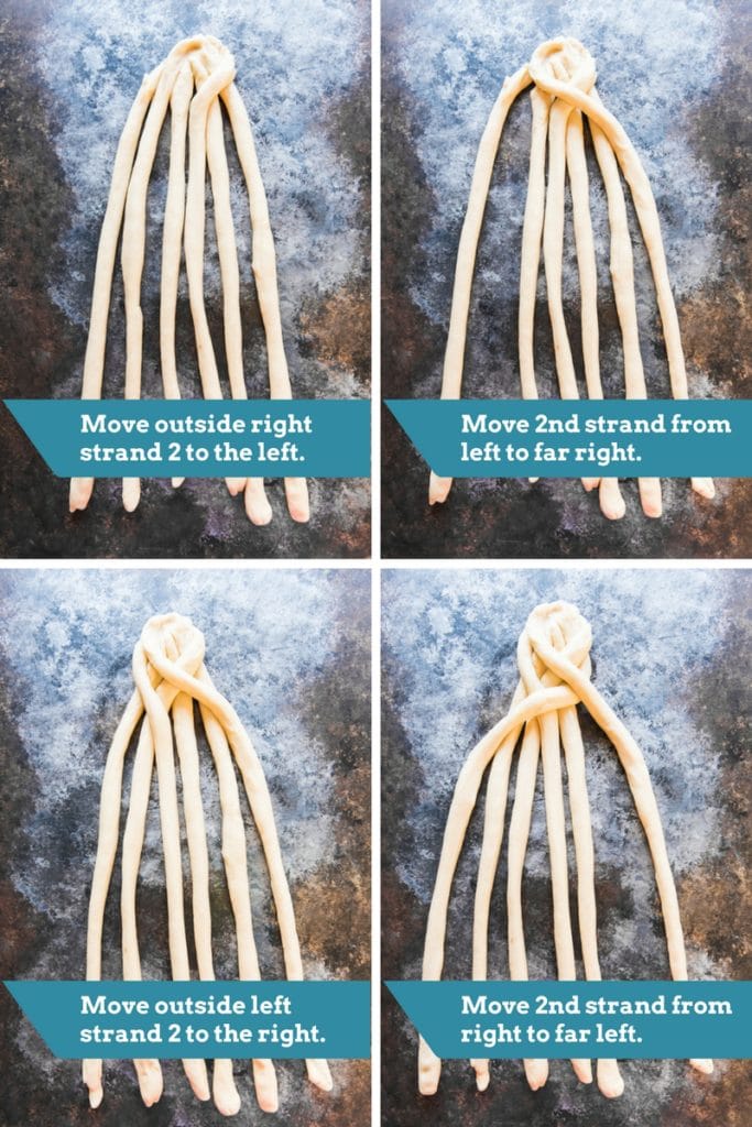 A collage of images showing step-by-step how to braid challah bread.