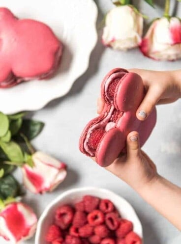 hands holding up a mouse head shaped raspberry macaron with fresh roses and raspberries below