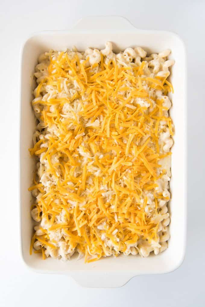 shredded cheese on top of noodles in a baking dish