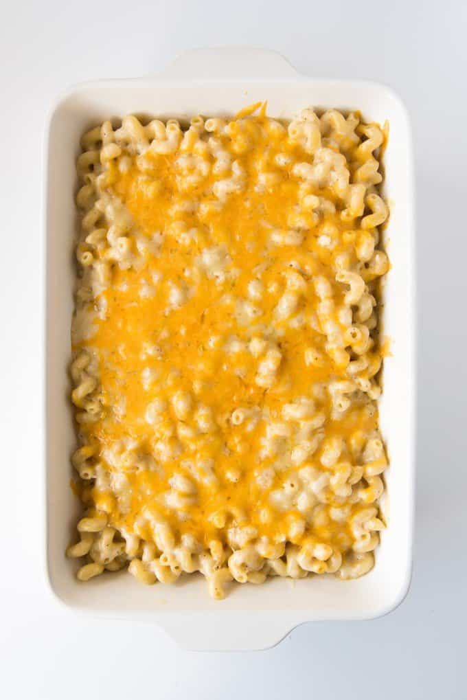 an aerial view of mac and cheese in a baking dish