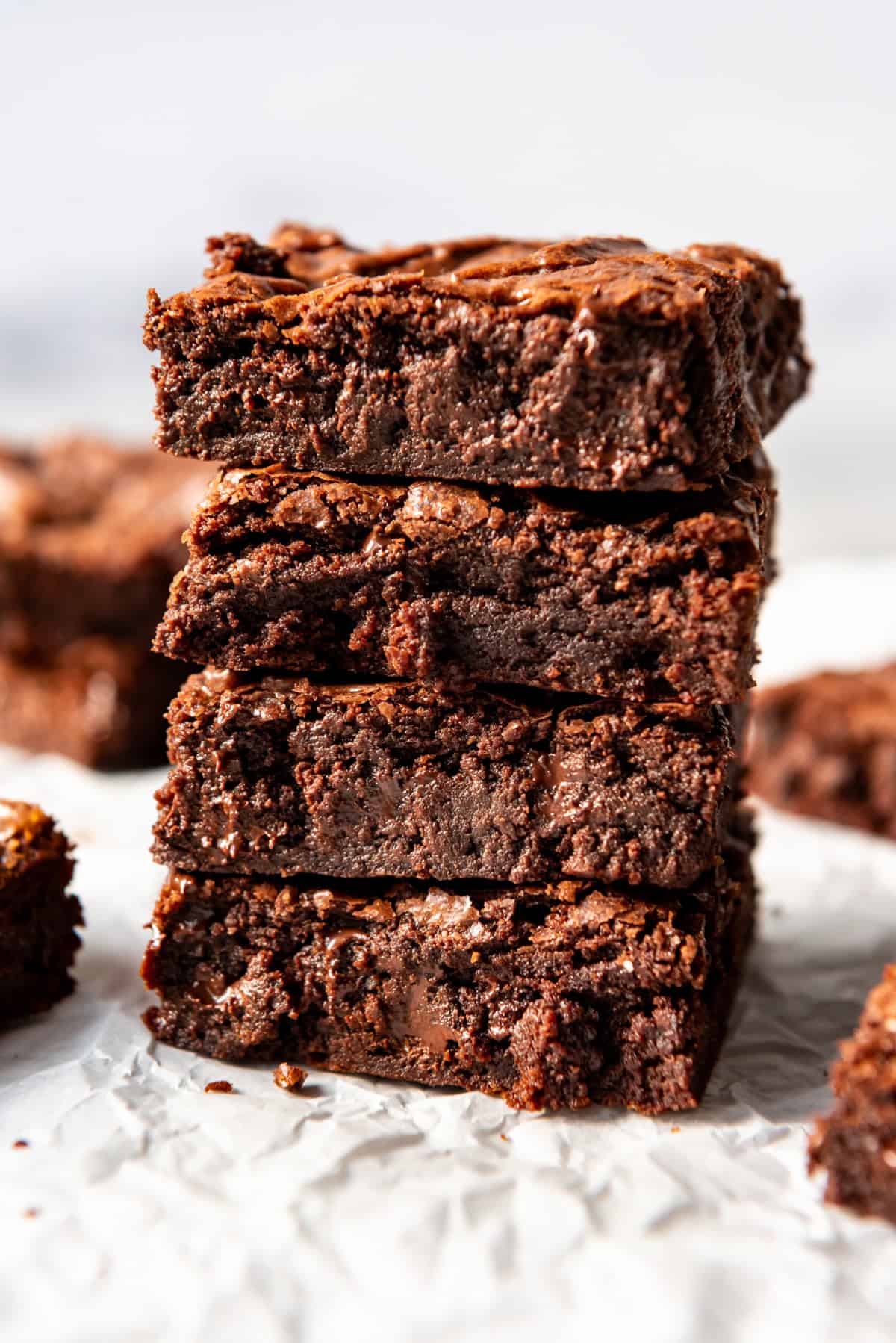 A stack of fudgy brownies.