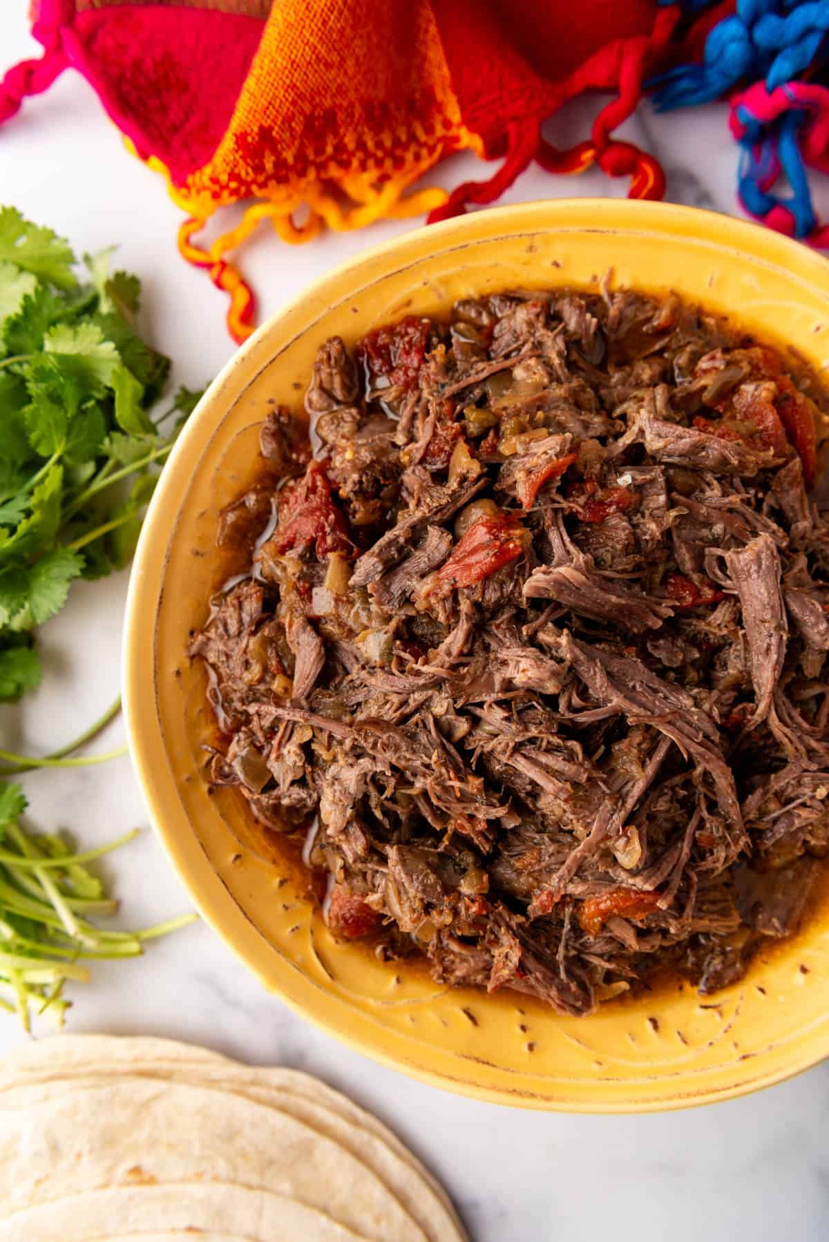 An overhead image of a bowl of Mexican shredded beef barbacoa.