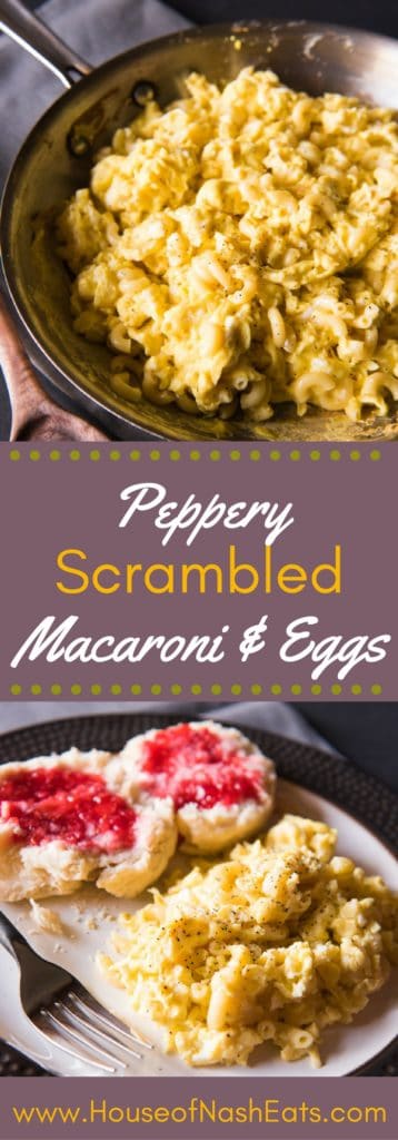 Fluffy, soft scrambled eggs are given a filling boost with perfectly al dente macaroni noodles in these Peppery Scrambled Macaroni & Eggs!  Pasta for breakfast might sound strange, but this much loved Great Depression era recipe has been passed down through generations of family because of how delicious it is!  