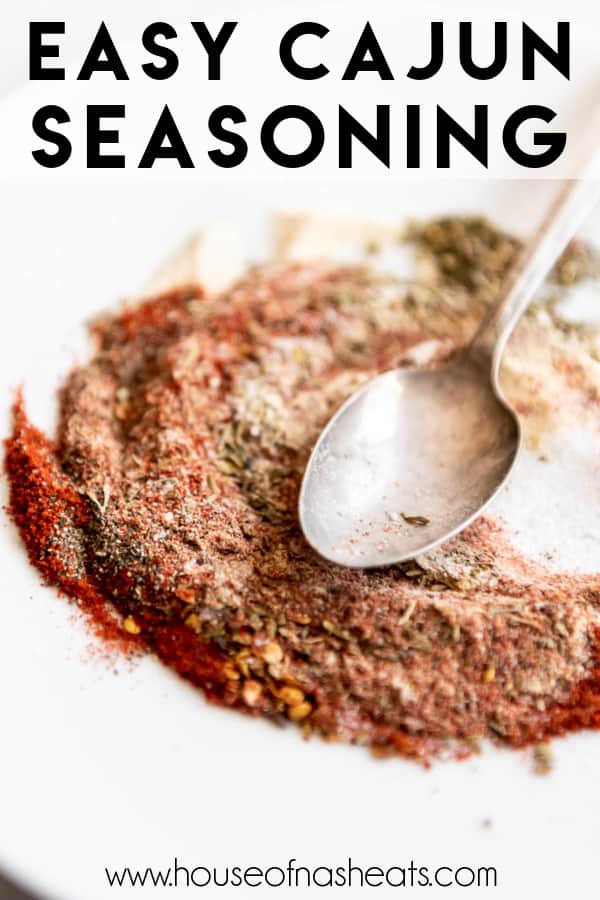 An image of cajun seasoning with a spoon and text overlay.