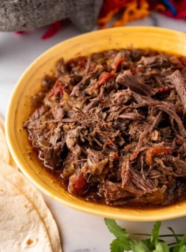 An image of a yellow bowl full of shredded beef with Mexican spices in front of a bowl of guacamole.