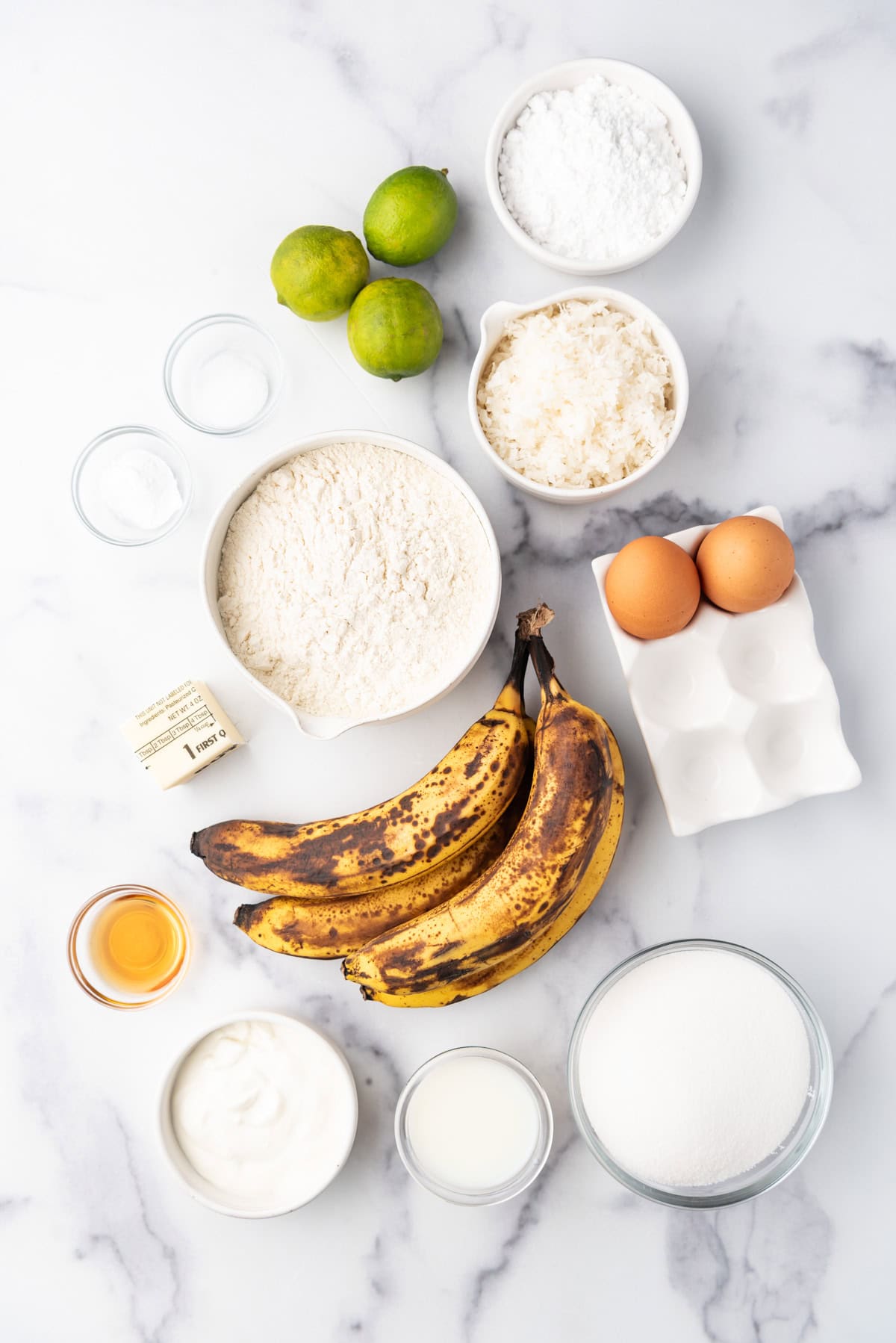 An overhead image of coconut lime banana bread ingredients.