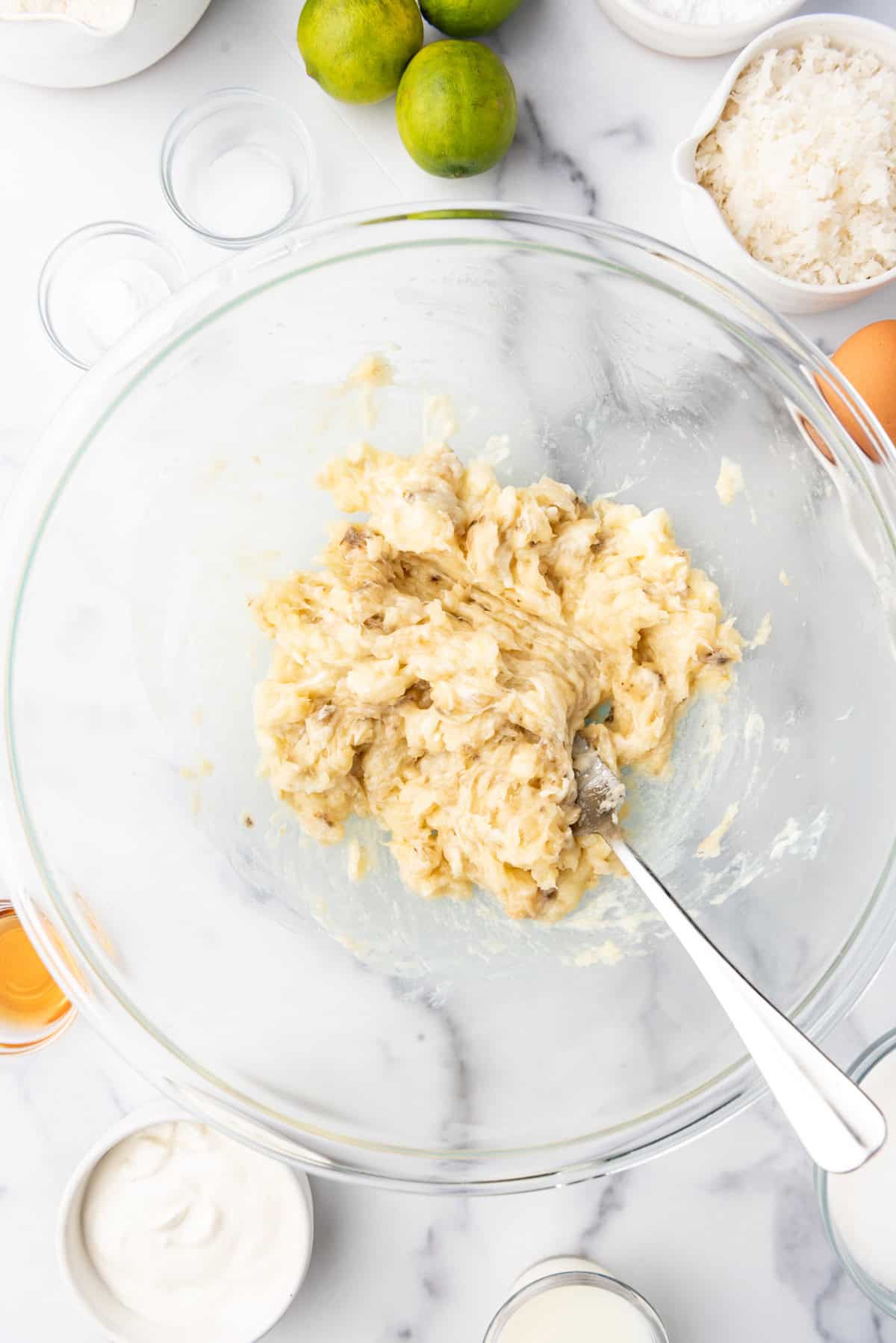 Mashed bananas in a bowl.