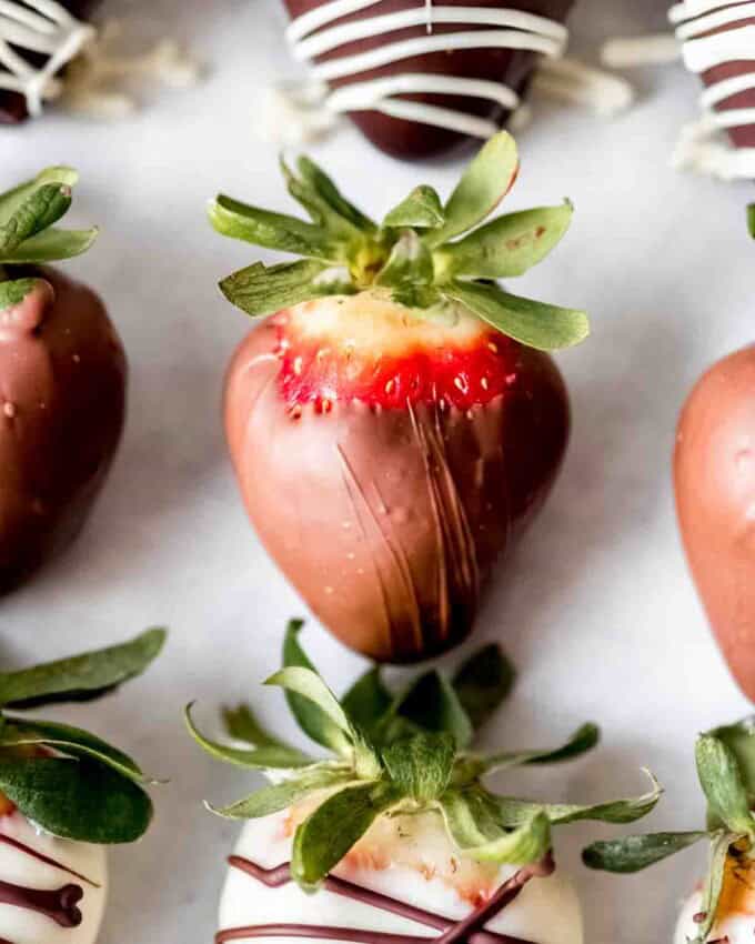 Milk chocolate covered strawberries.